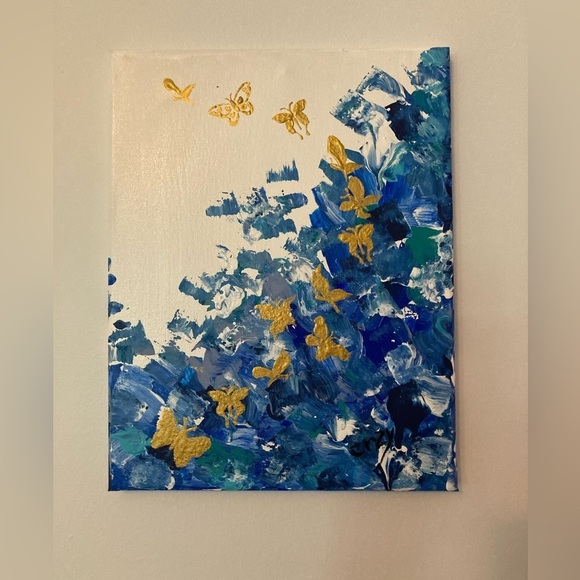 Newly listed Original acrylic painting blue with gold butterflies.  11x14” - Picture 5 of 6